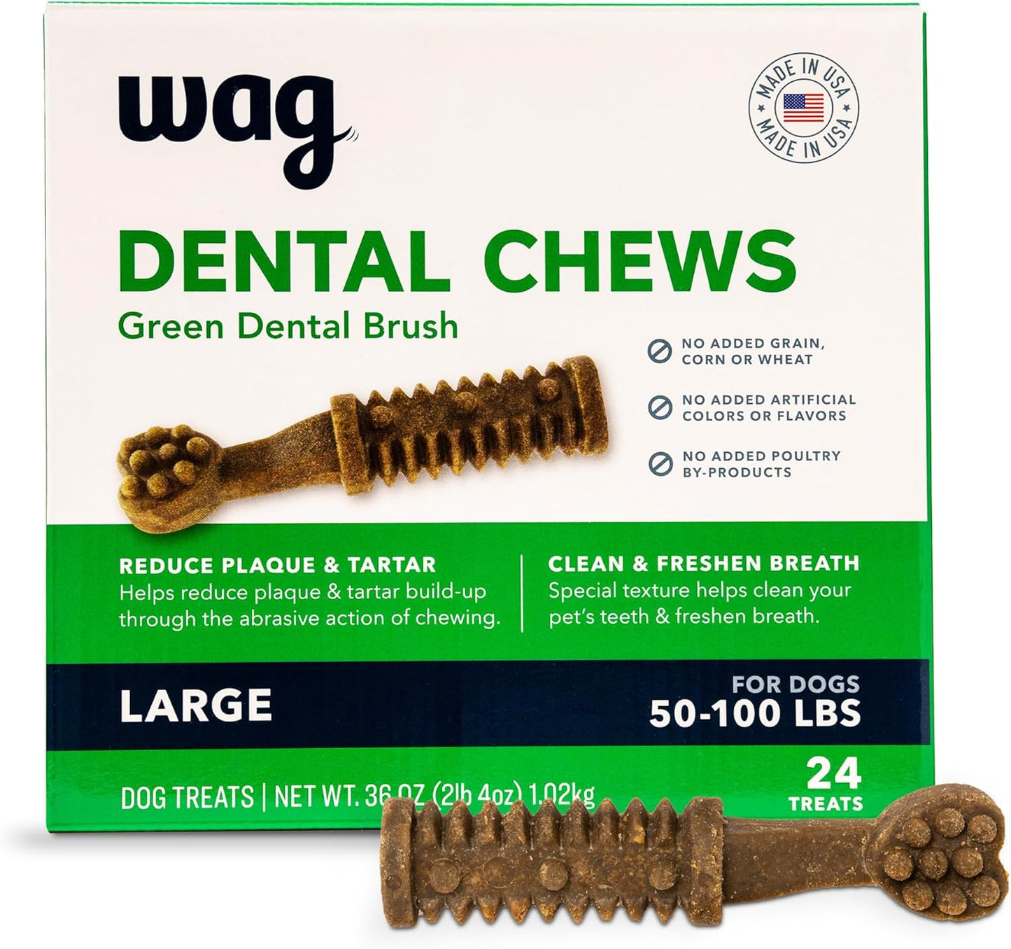 Amazon Brand - Wag Dental Chews - Green Dental Brush for Dogs, Unflavored