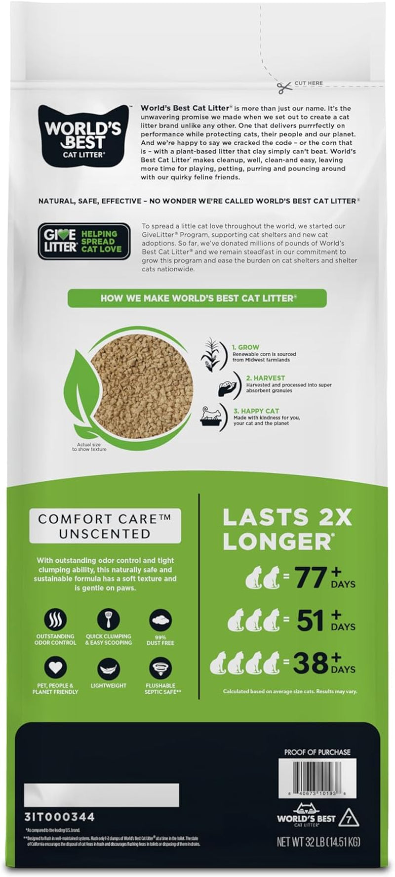 WORLD'S BEST CAT LITTER Comfort Care Unscented, Natural Ingredients, Quick Clumping, Flushable, 99% Dust Free & Made in USA - Long-Lasting Odor Control & Easy Scooping