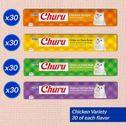 INABA Churu Cat Treats, Lickable, Squeezable Creamy Purée with Vitamin E, 0.5 Ounces per Tube, 120 Tubes Total