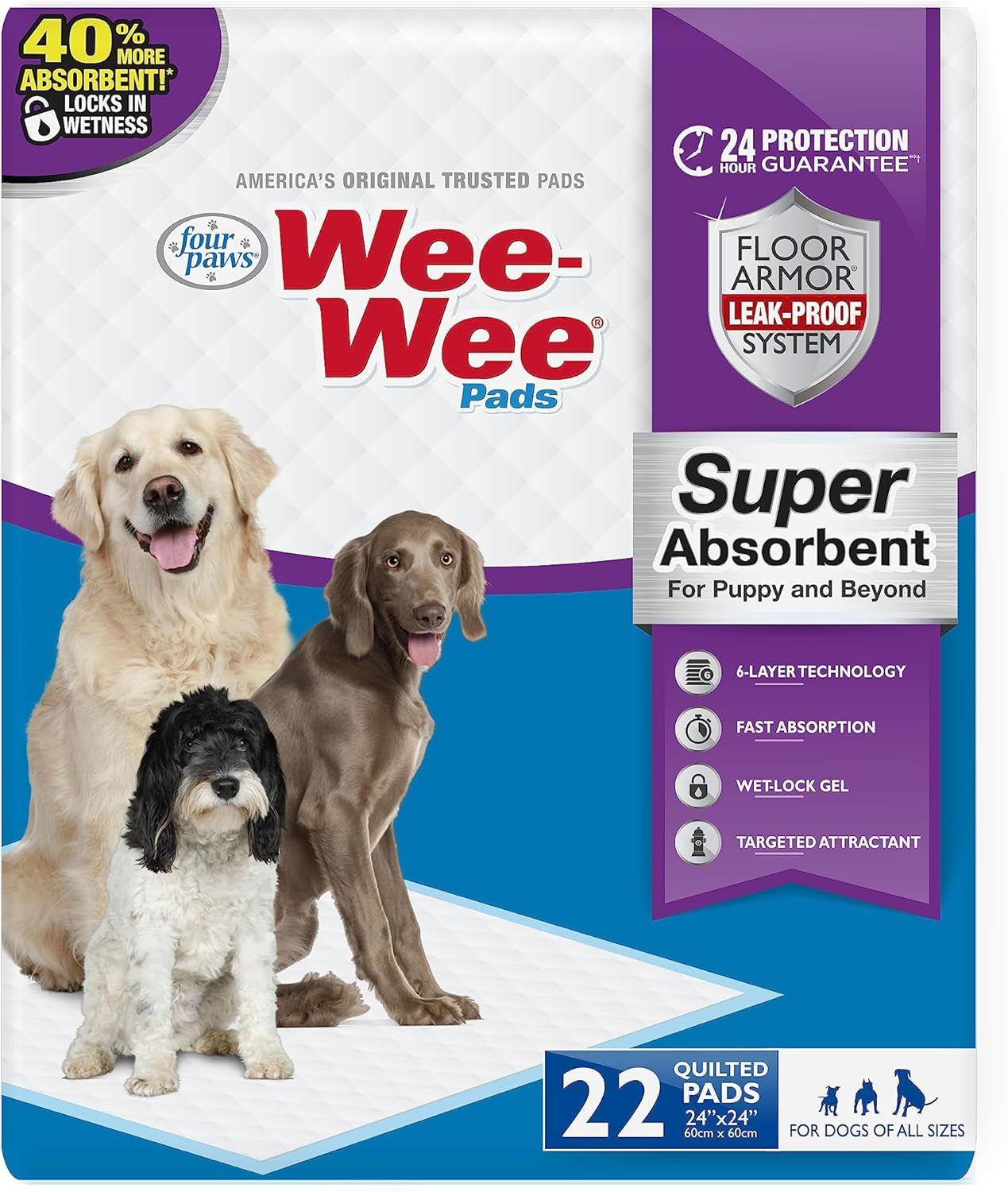 Four Paws Wee-Wee for Dogs of All Sizes, Leak-Proof Floor Protection Dog & Puppy Quilted Potty Training Pads, Unscented, 22" X 23"