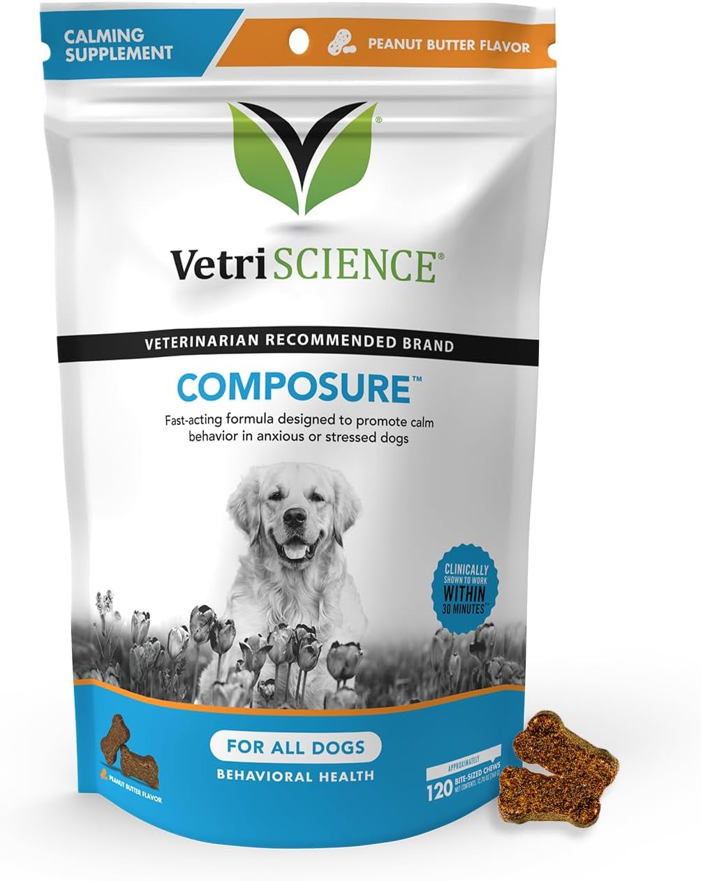 Vetriscience Composure Calming Chews for Dogs - Clinically Proven Dog Anxiety Relief Supplement with Colostrum, L-Theanine & Vitamin B1 for Stress, Storms, Separation & More