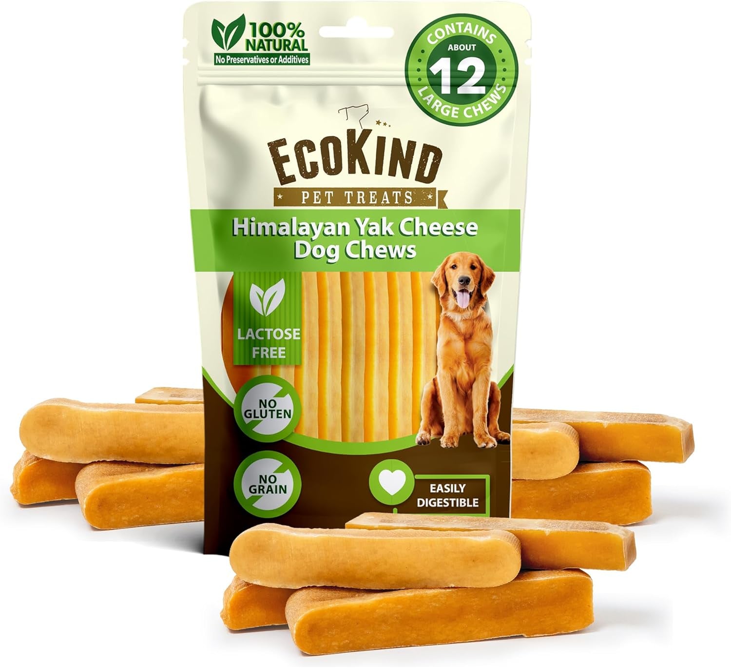 Ecokind Premium Gold Yak Cheese Himalayan Dog Chews, Dog Treats Large Breed, All Natural, High Protein, for Aggressive Chewers