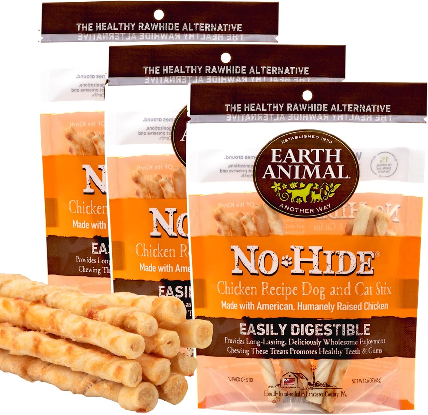 Earth Animal No Hide Stix Flavored Natural Rawhide Free Dog Chews Long Lasting Dog Chew Sticks, Dog Treats for Small Dogs and Cats, Great Dog Chews for Aggressive Chewers