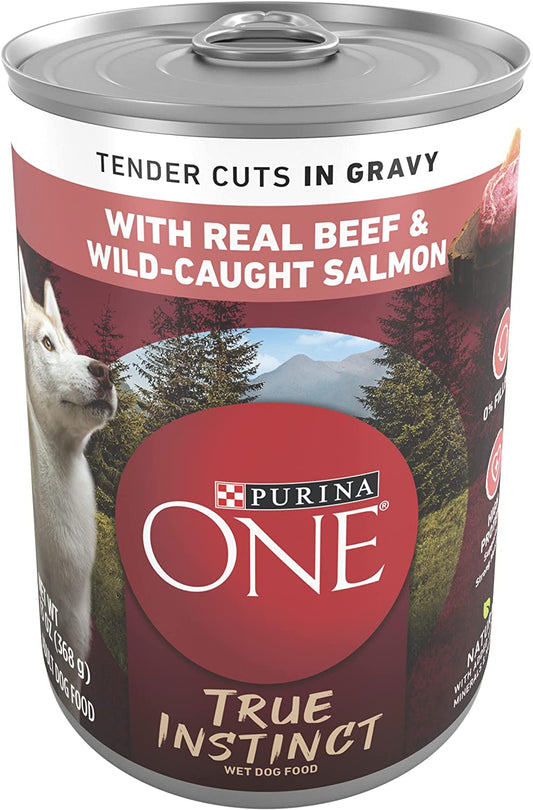 High Protein Wet Dog Food True Instinct Tender Cuts in Dog Food Gravy with Real Beef and Wild-Caught Salmon - (Pack of 12) 13 Oz. Cans