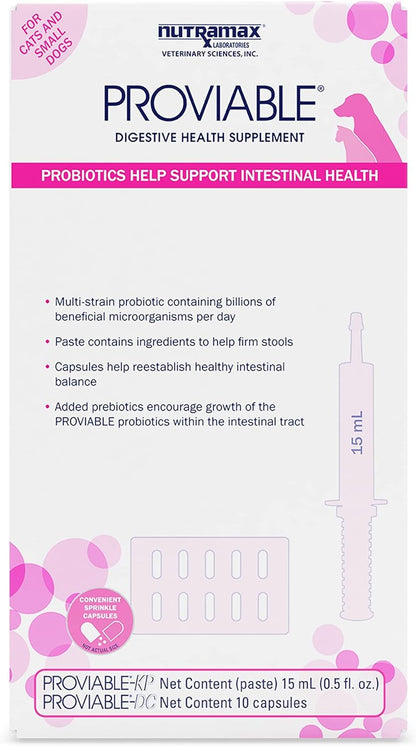 Nutramax Proviable Digestive Health Supplement Kit with Multi-Strain Probiotics and Prebiotics for Cats and Small Dogs, with 7-Strains of Bacteria, 15 Ml Paste and 10 Capsules