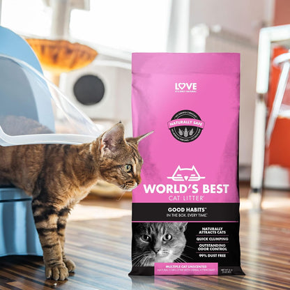 WORLD'S BEST CAT LITTER Good Habits Cat Attract Litter | Natural Plant-Based Attractant | Multicat Flushable Corn Litter | Unscented Odor Control | Low Tracking & Lightweight | Made in USA