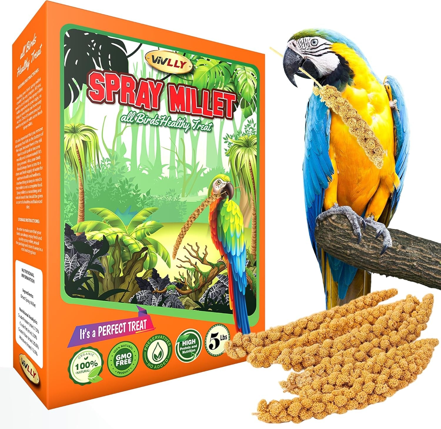 Gmo-Free Sun-Dried Spray Millet - Natural Bird Treat for Parakeets, Cockatiels, Finches, and More - Non-Gmo, Rich in Amino Acids, Convenient Storage, Delicious & Healthy Bird Snacks