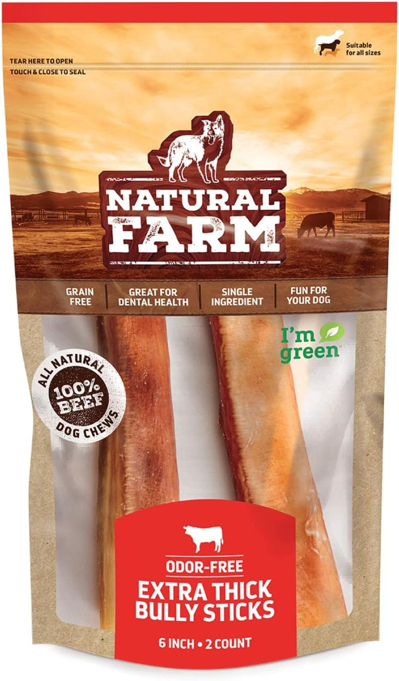 Natural Farm Odor-Free Bully Sticks, Fully Digestible 100% Beef Pizzle Chews, Grass-Fed, Non-Gmo, Grain-Free, Natural Long-Lasting Chews for Small & Large Dogs