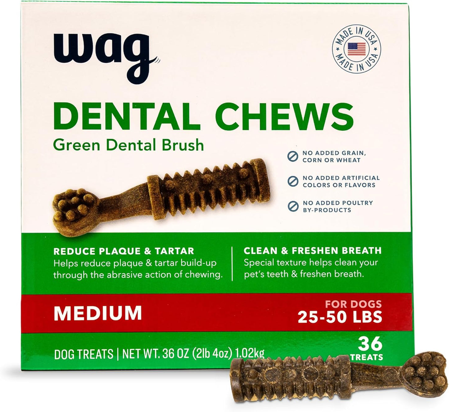 Amazon Brand - Wag Dental Chews - Green Dental Brush for Dogs, Unflavored