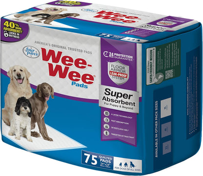 Four Paws Wee-Wee Super Absorbent Pee Pads for Dogs of All Sizes, Leak-Proof Floor Protection Dog & Puppy Quilted Potty Training Pads, Unscented, 24" X 24"