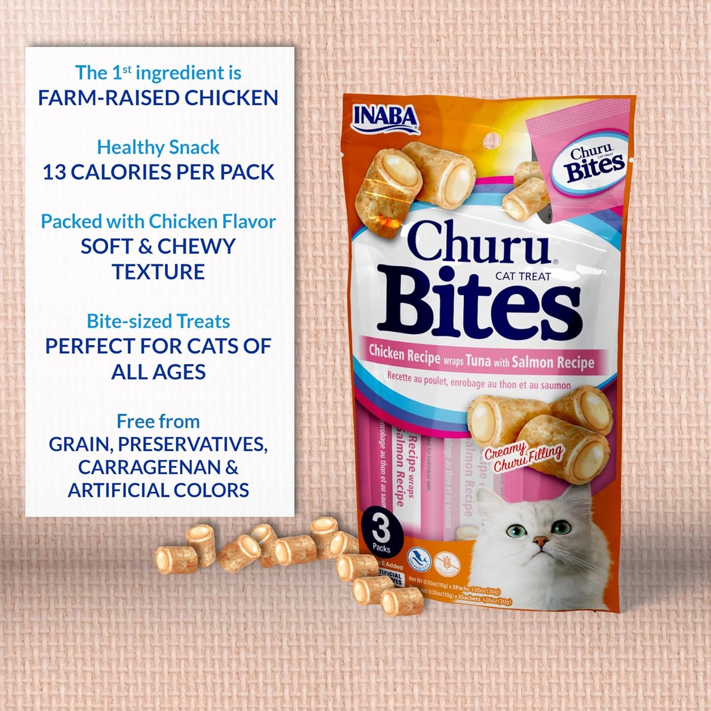 INABA Churu Bites for Cats, Soft Baked Chicken Churu Filled Cat Treats with Vitamin E, 0.35 Ounces Each Tube, 24 Tubes Total (3 per Pack)