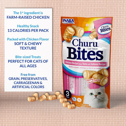 INABA Churu Bites for Cats, Soft Baked Chicken Churu Filled Cat Treats with Vitamin E, 0.35 Ounces Each Tube, 24 Tubes Total (3 per Pack)