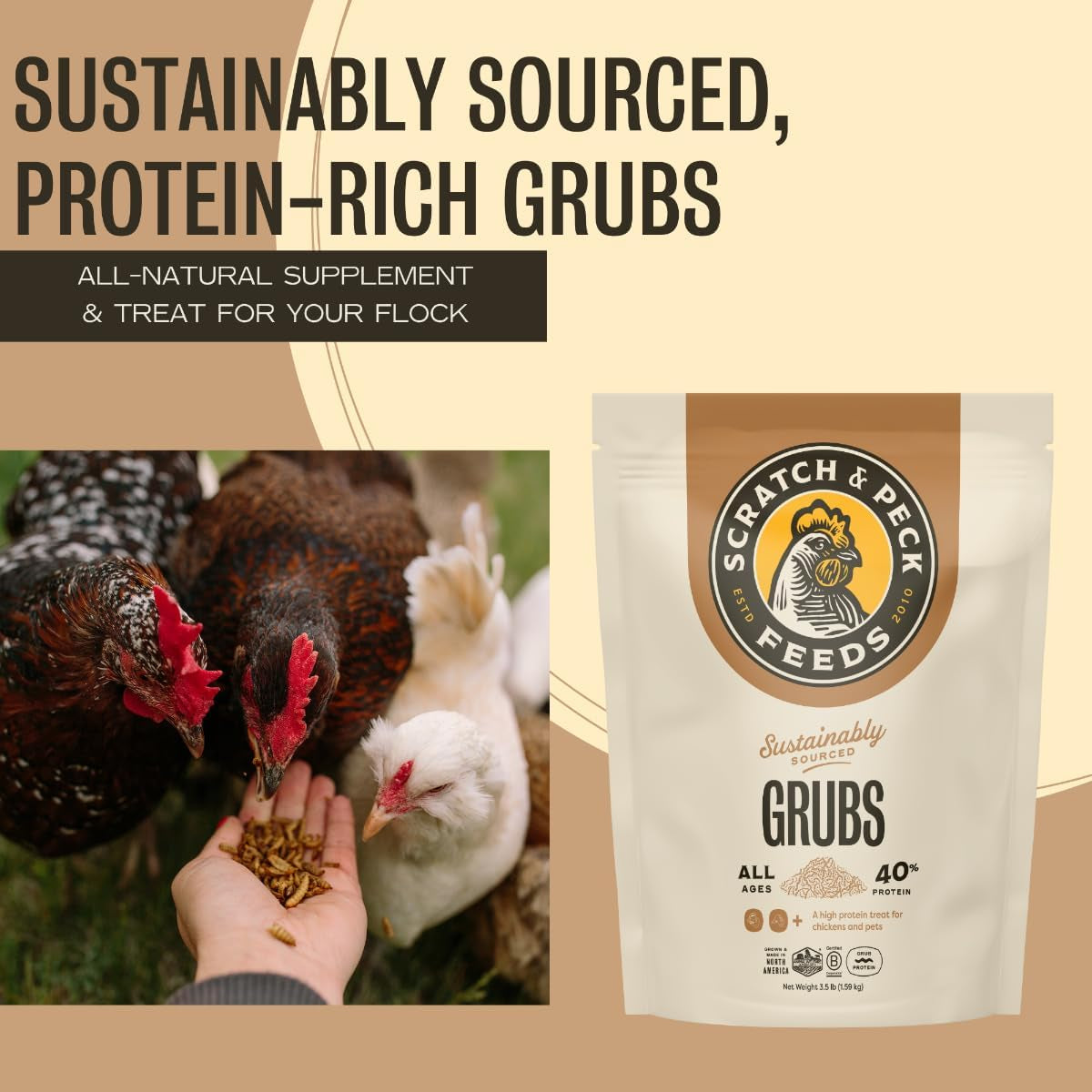 Scratch and Peck Feeds Cluckin’ Good Grubs for Chickens - Sustainably Grown in North America - Natural High Protein, Calcium Dense - Dried Black Soldier Fly Larvae Bird Treats - 3.5-Lbs