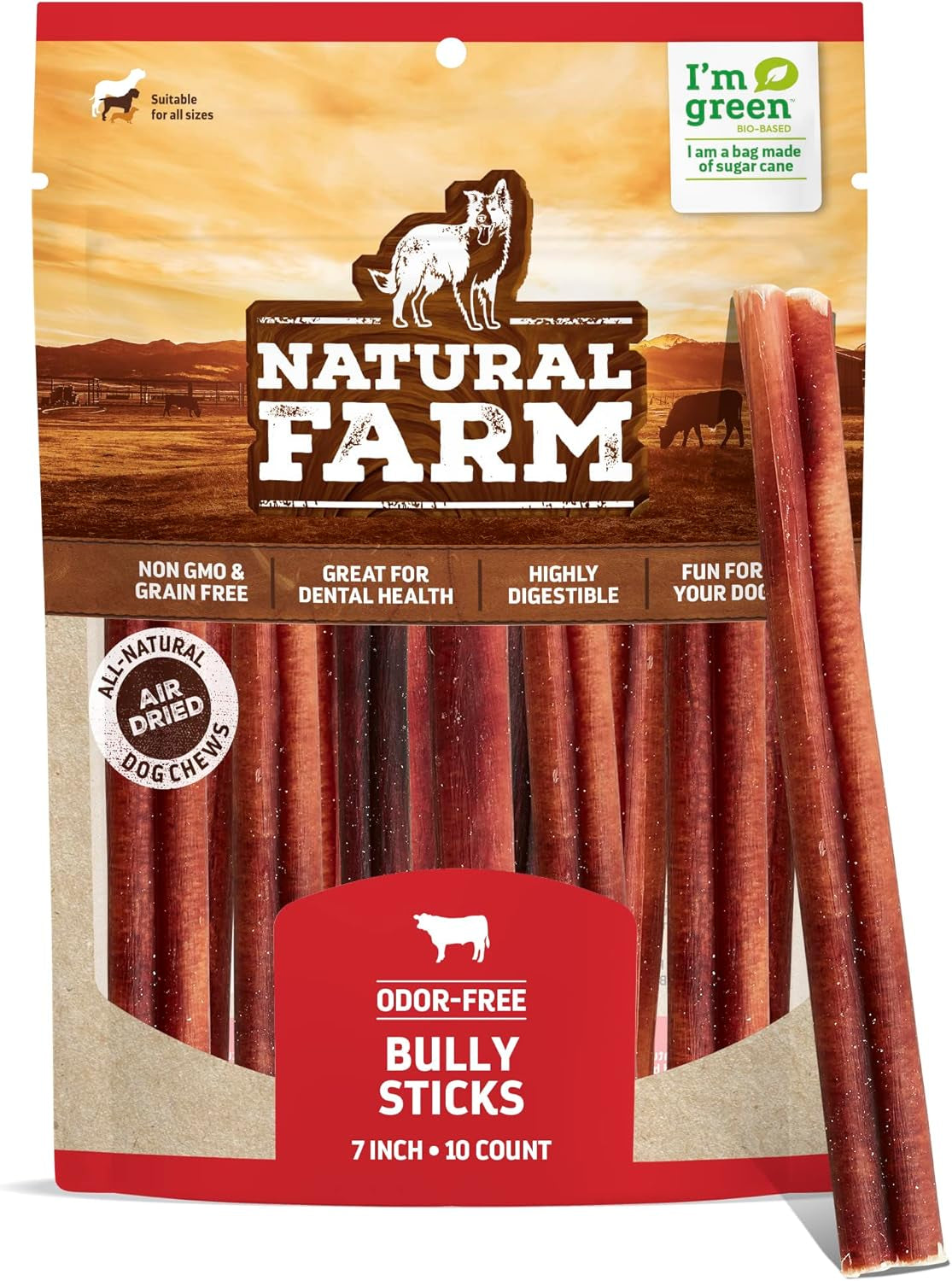 Natural Farm Odor-Free Bully Sticks, Fully Digestible 100% Beef Pizzle Chews, Grass-Fed, Non-Gmo, Grain-Free, Natural Long-Lasting Chews for Small & Large Dogs