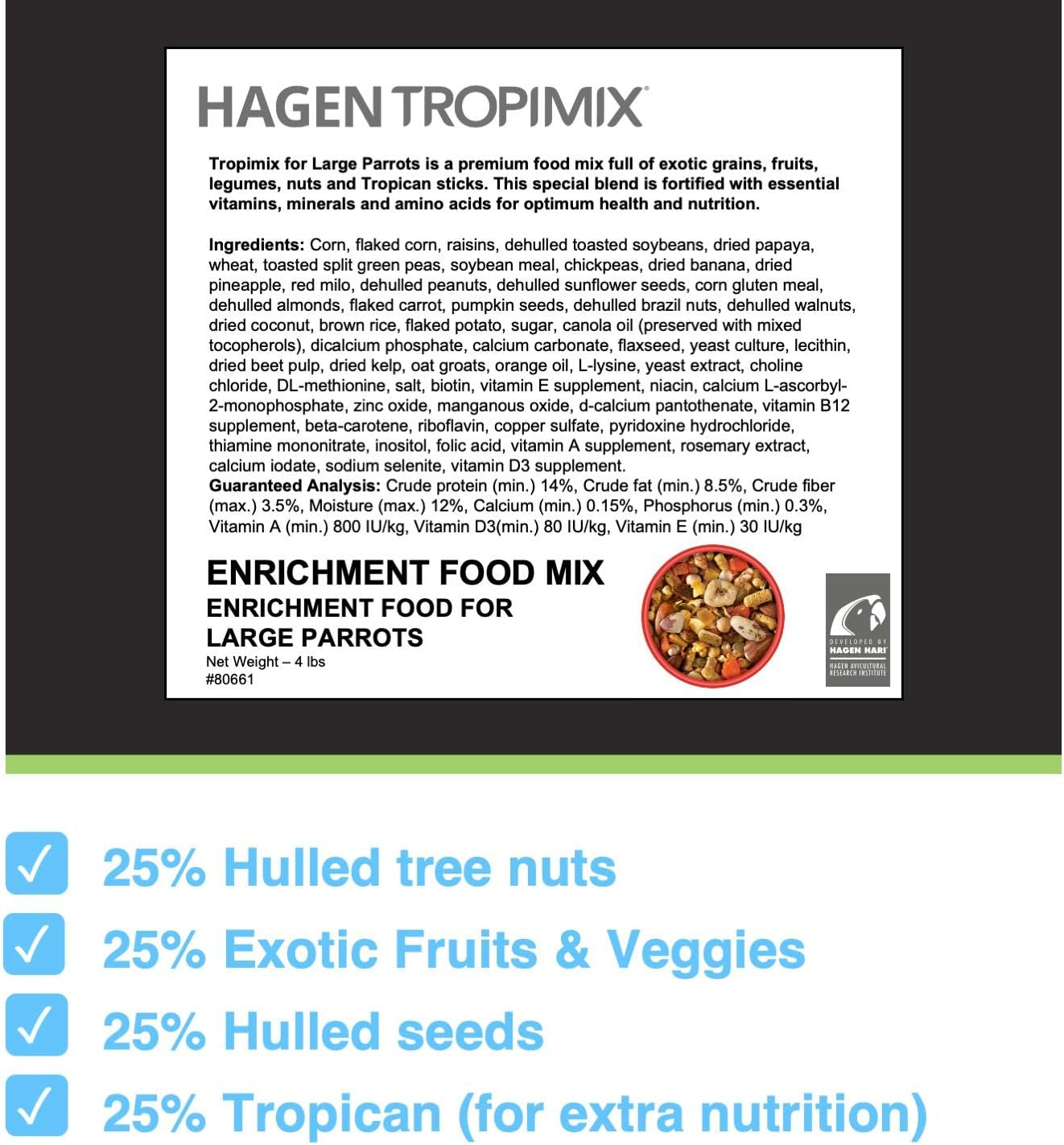 Hari Tropimix Bird Food, Hagen Large Parrot Food with Seeds, Fruit, Nuts, Vegetables, Grains, and Legumes, Enrichment Food