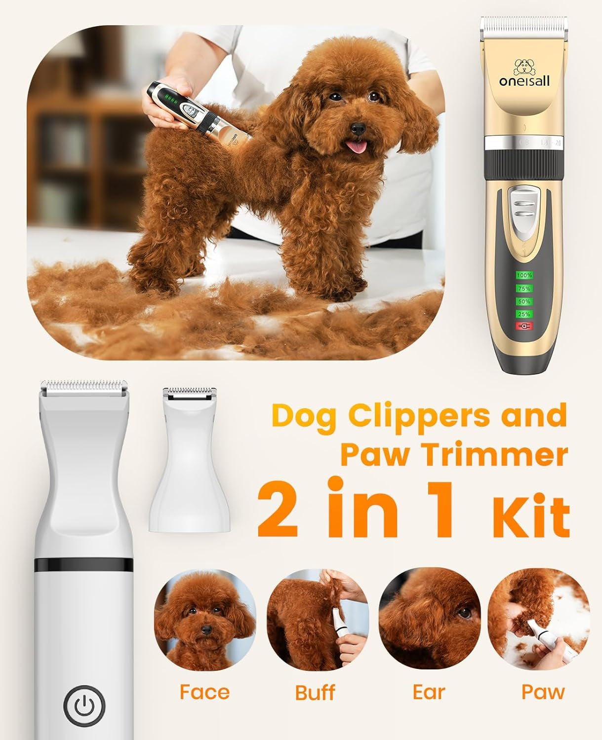 Oneisall Dog Clippers and Dog Paw Trimmer Kit 2 in 1 Low Noise Cordless Dog Clippers for Grooming Pet Hair Trimmers for Small and Large Dogs Cats Animals