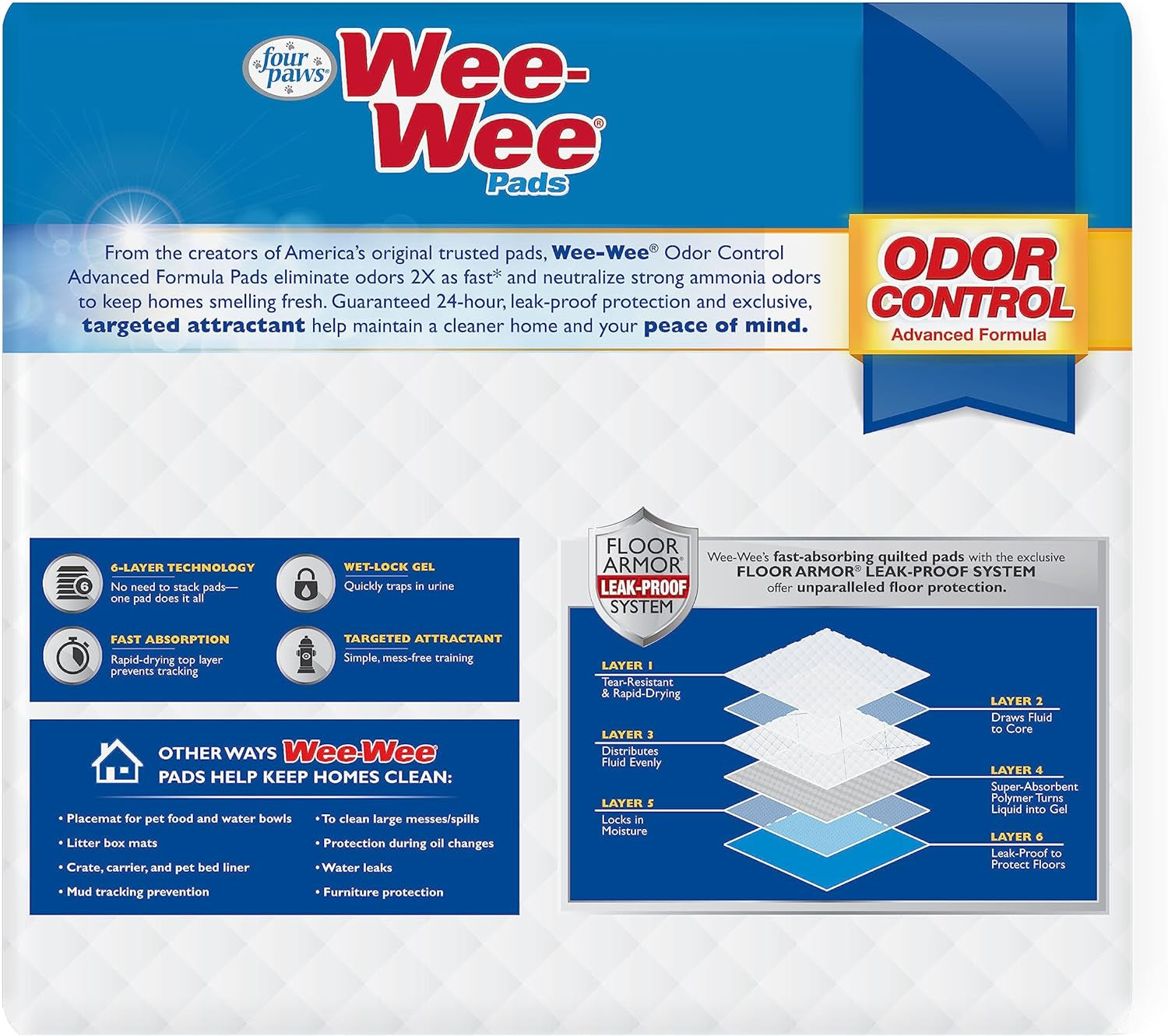 Four Paws Wee-Wee for Dogs of All Sizes, Leak-Proof Floor Protection Dog & Puppy Quilted Potty Training Pads, Unscented, 22" X 23"