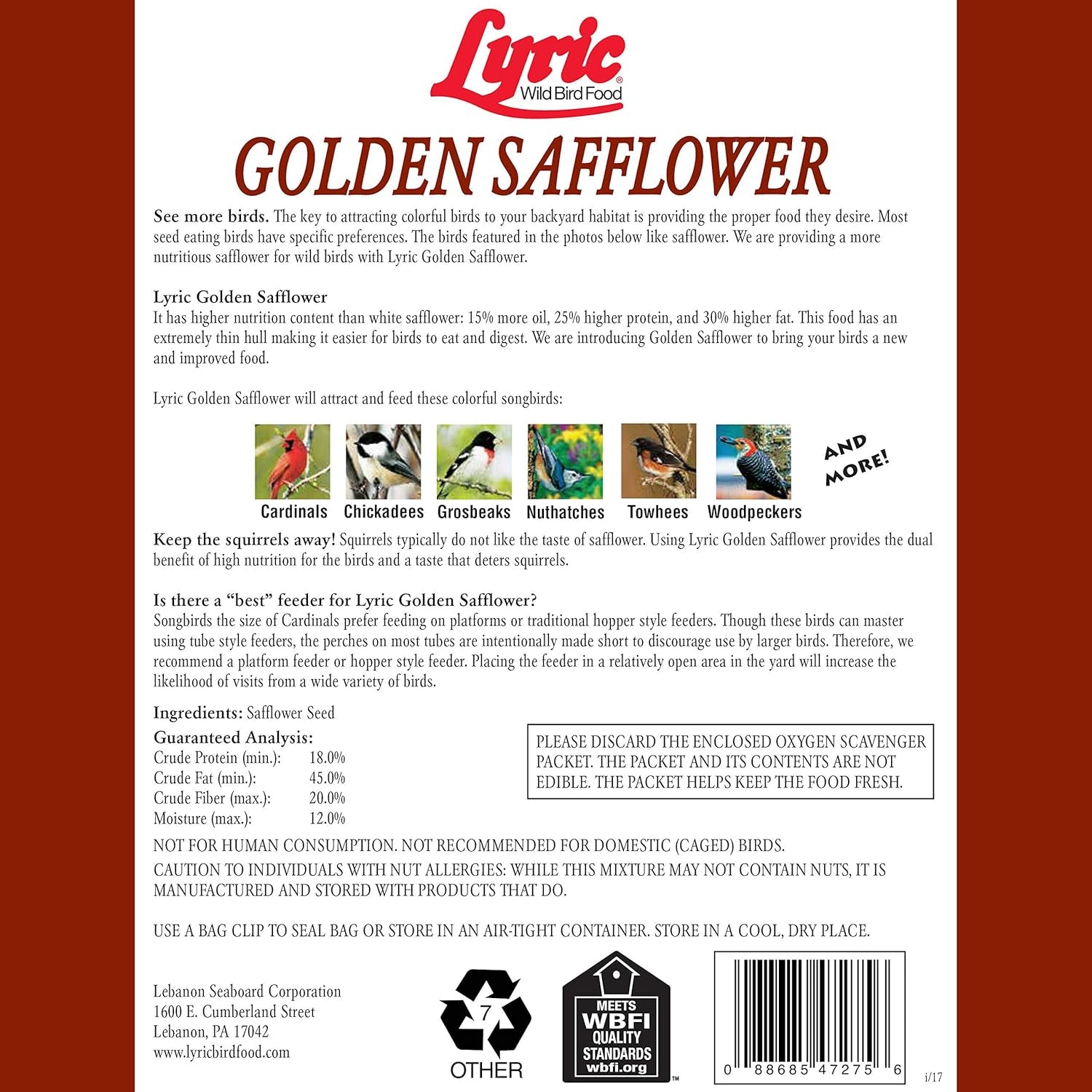 Lyric Golden Safflower Seed - Attracts Cardinals, Chickadees, Woodpeckers & More - 12 Lb Bag