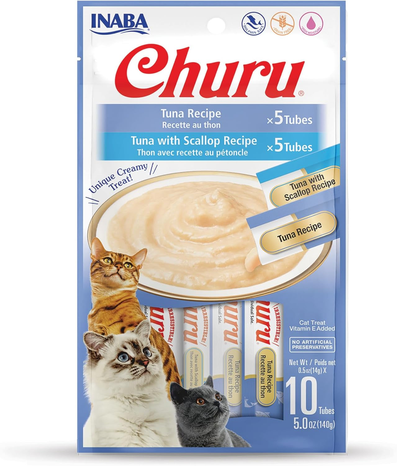 Churu Cat Treats, Grain-Free, Lickable, Squeezable Creamy Purée Cat Treat/Topper with Vitamin E & Taurine, 0.5 Ounces Each Tube, 50 Tubes, Tuna & Chicken Variety