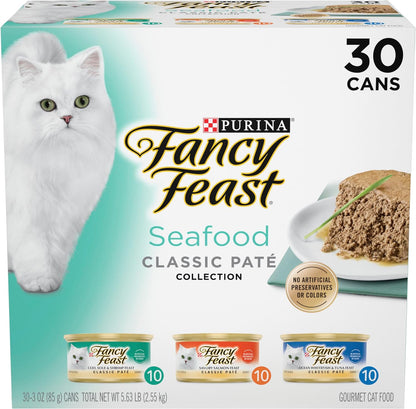 Fancy Feast Seafood Classic Pate Collection Grain Free Wet Cat Food Variety Pack - (Pack of 30) 3 Oz. Cans