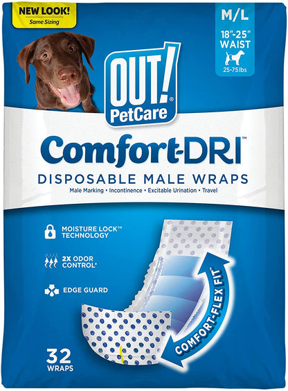 OUT! Petcare Disposable Male Dog Wraps, Safe, Male Wraps for Dogs, Pee Wraps Belly Bands for Male Dogs, Leak Proof, Wetness Indicator, Puppy and Doggie Diaper for Peeing