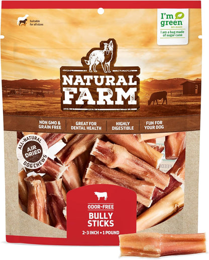 Natural Farm Odor-Free Bully Sticks, Fully Digestible 100% Beef Pizzle Chews, Grass-Fed, Non-Gmo, Grain-Free, Natural Long-Lasting Chews for Small & Large Dogs