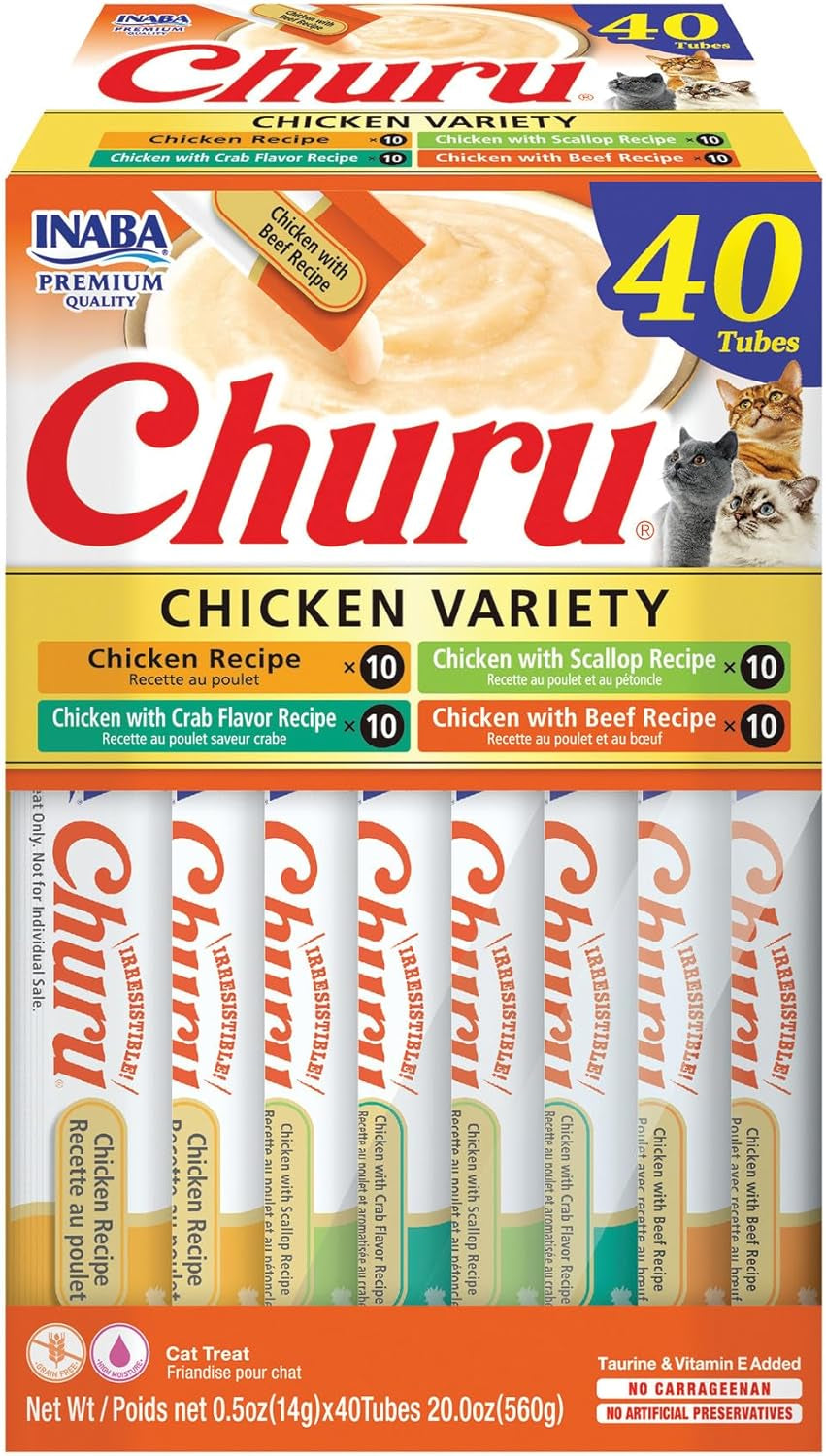 Churu Cat Treats, Grain-Free, Lickable, Squeezable Creamy Purée Cat Treat/Topper with Vitamin E & Taurine, 0.5 Ounces Each Tube, 50 Tubes, Tuna & Chicken Variety