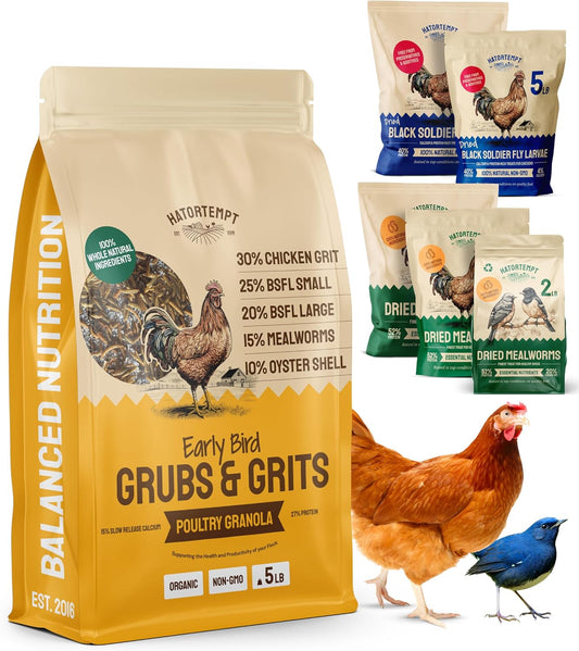 Grubs & Grits Organic Chicken Feed - 3 Grub Blend with Oyster Shells & Grits - Dried Mealworms for Chickens plus Large & Small Black Soldier Fly Larvae - Food Designed for Foraging
