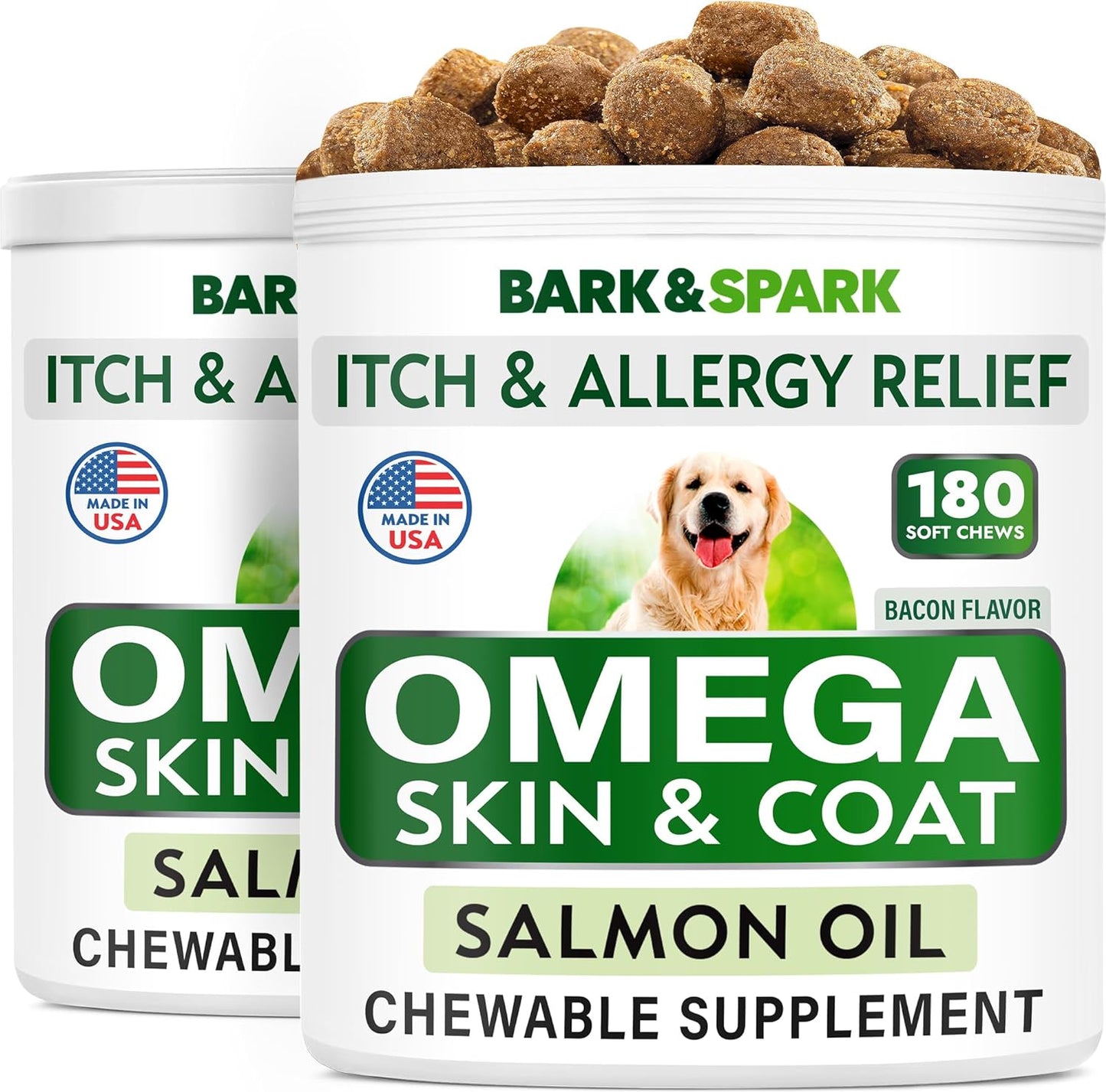 BARK&SPARK Omega 3 for Dogs - 180 Fish Oil Treats for Dog Shedding, Skin Allergy, Itch Relief, Hot Spots Treatment - Joint Health - Skin and Coat Supplement - EPA & DHA Fatty Acids