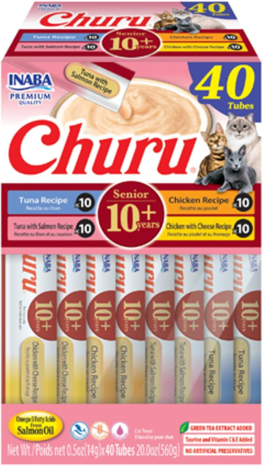 INABA Churu for Senior 10+, Creamy Lickable Cat Treats with Taurine, Vitamin E & C, 0.5 Ounces Each