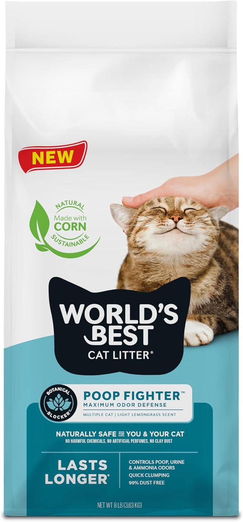 WORLD'S BEST CAT LITTER Poop Fighter Maximum Odor Defense, Natural Ingredients, Quick Clumping, Flushable, 99% Dust Free & Made in USA - Long-Lasting Odor Control & Easy Scooping