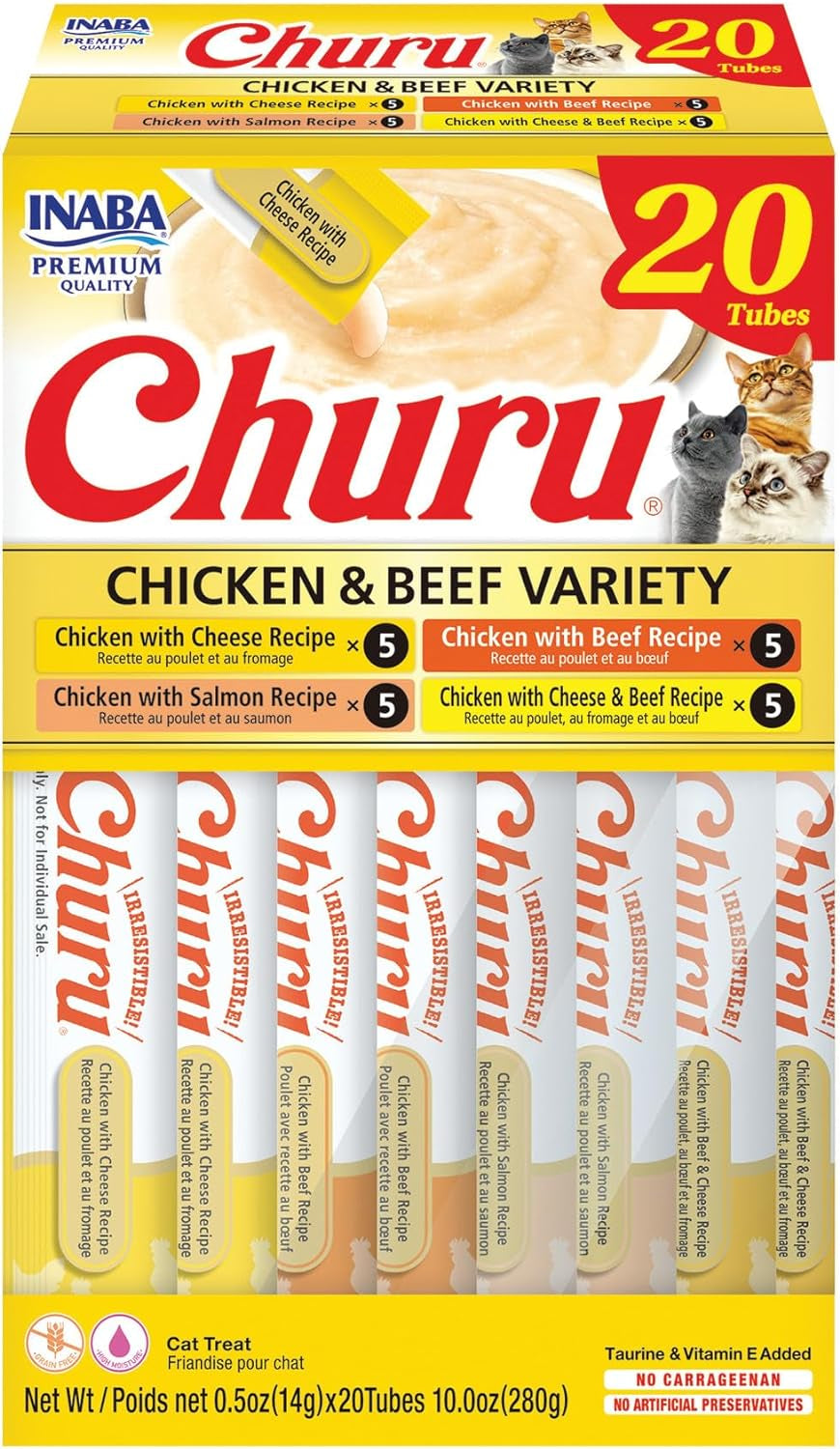 Churu Cat Treats, Grain-Free, Lickable, Squeezable Creamy Purée Cat Treat/Topper with Vitamin E & Taurine, 0.5 Ounces Each Tube, 50 Tubes, Tuna & Chicken Variety