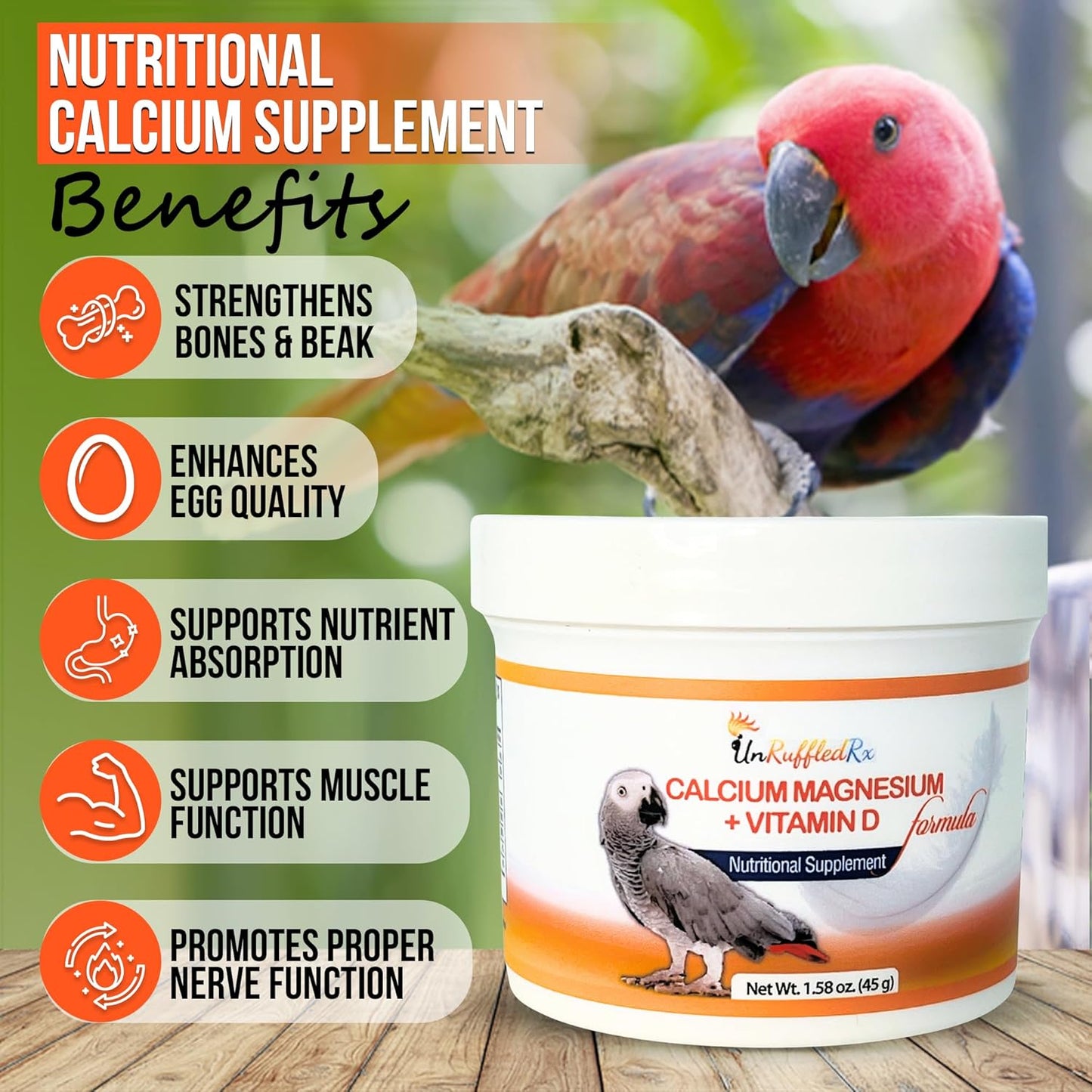 Nutritional Calcium Supplement for Birds Magnesium + Vitamin D3 | Bird Health Supplements | Completely Tasteless and Easy Dissolvable in Water