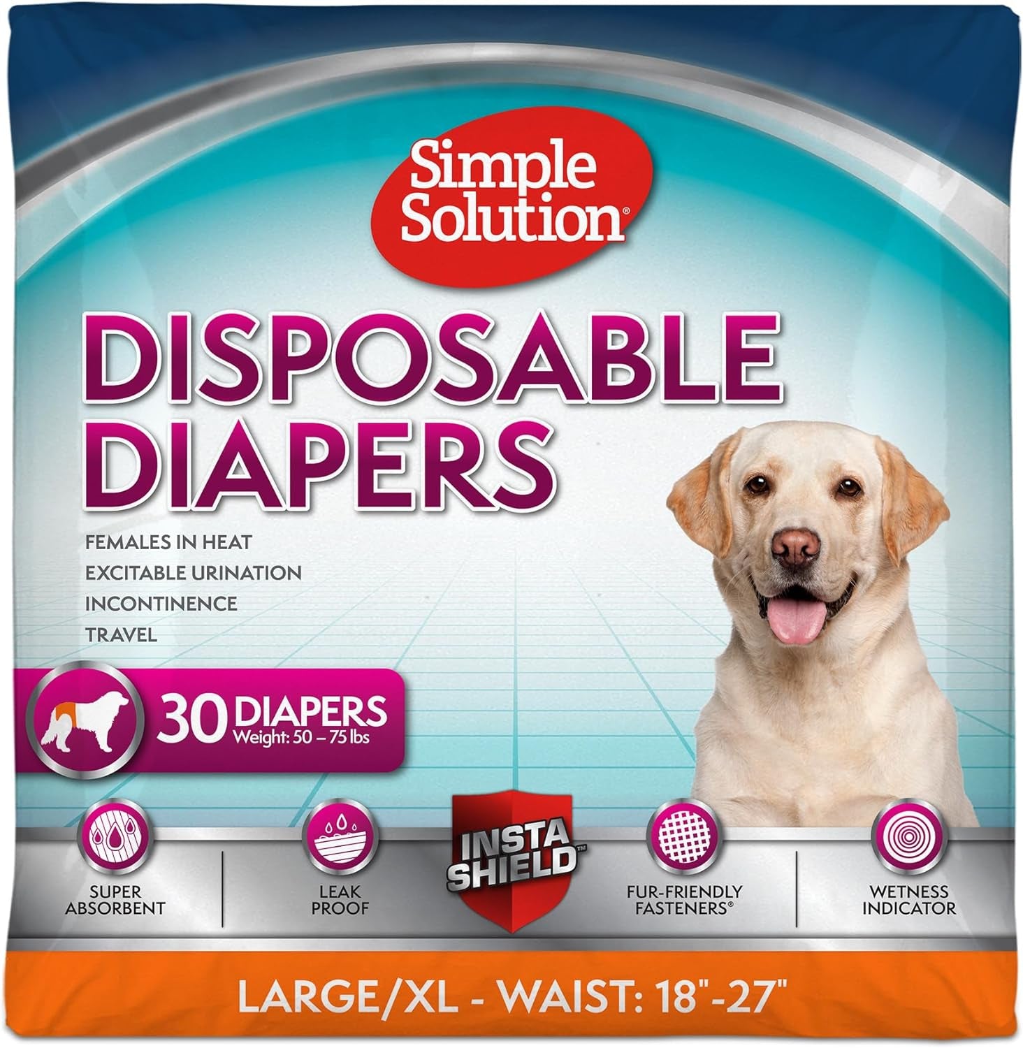 Simple Solution Disposable Dog Diapers for Female Dogs, True Fit, Absorbent, Leak Proof with Wetness Indicator, XL Puppy & Doggie Period Pad and Pee Diaper, for Large Pets