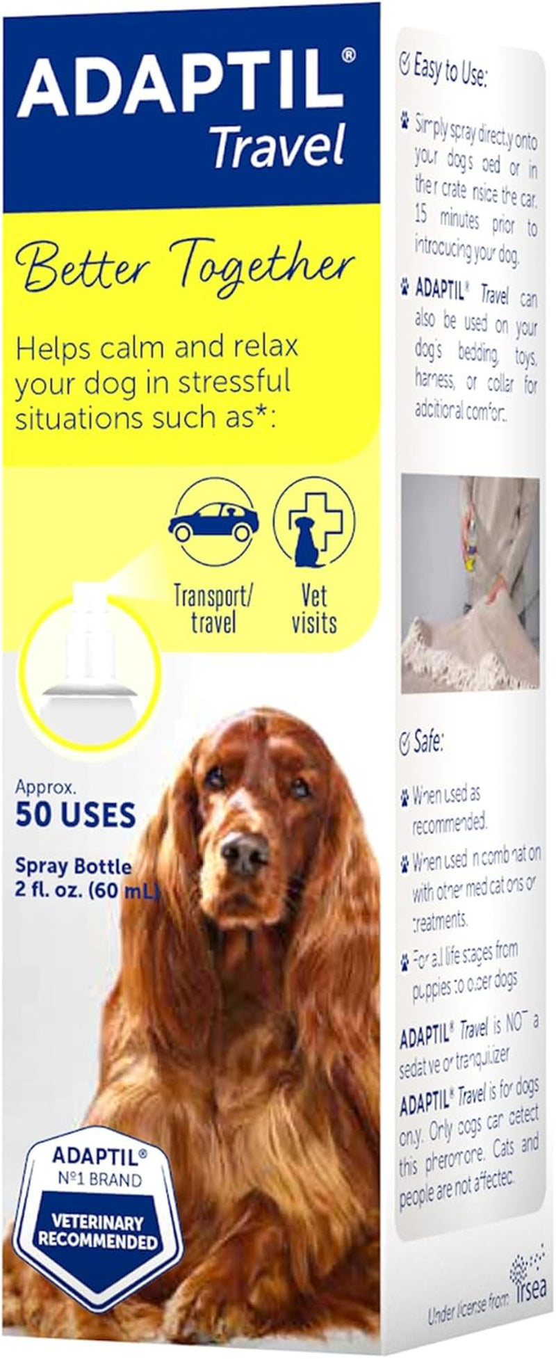 ADAPTIL Spray 60 Ml – Calms & Comforts Dogs during Travel, Veterinary Visits and Stressful Events - the Original D.A.P. Dog Appeasing Pheromone Spray, 60Ml - Packaging May Vary