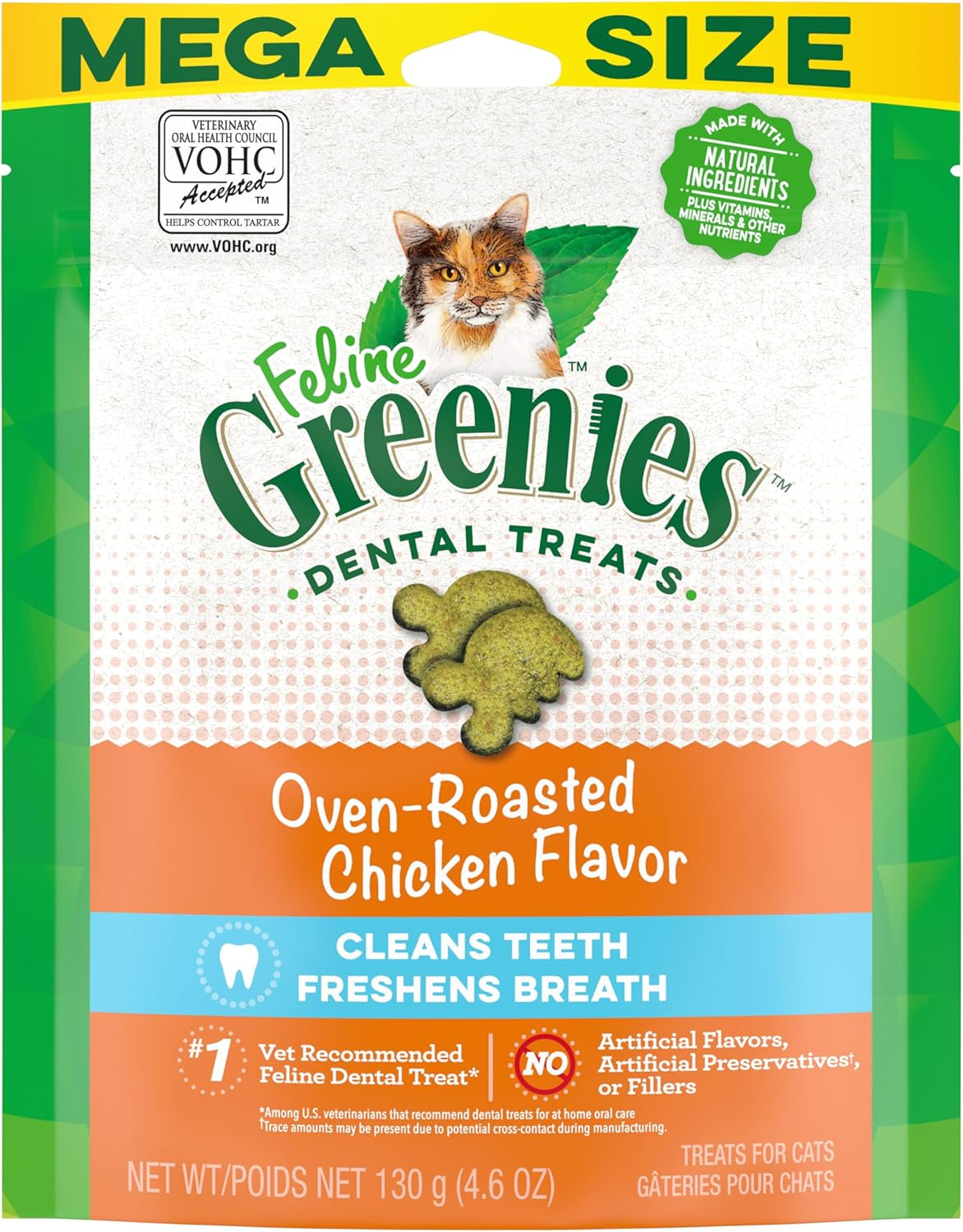 FELINE Adult Dental Cat Treats, Oven Roasted Chicken Flavor, 9.75 Oz. Tub