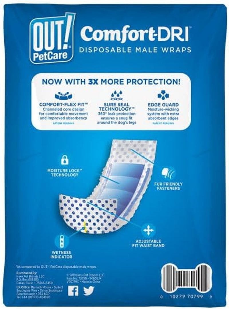 OUT! Petcare Disposable Male Dog Wraps, Safe, Male Wraps for Dogs, Pee Wraps Belly Bands for Male Dogs, Leak Proof, Wetness Indicator, Puppy and Doggie Diaper for Peeing