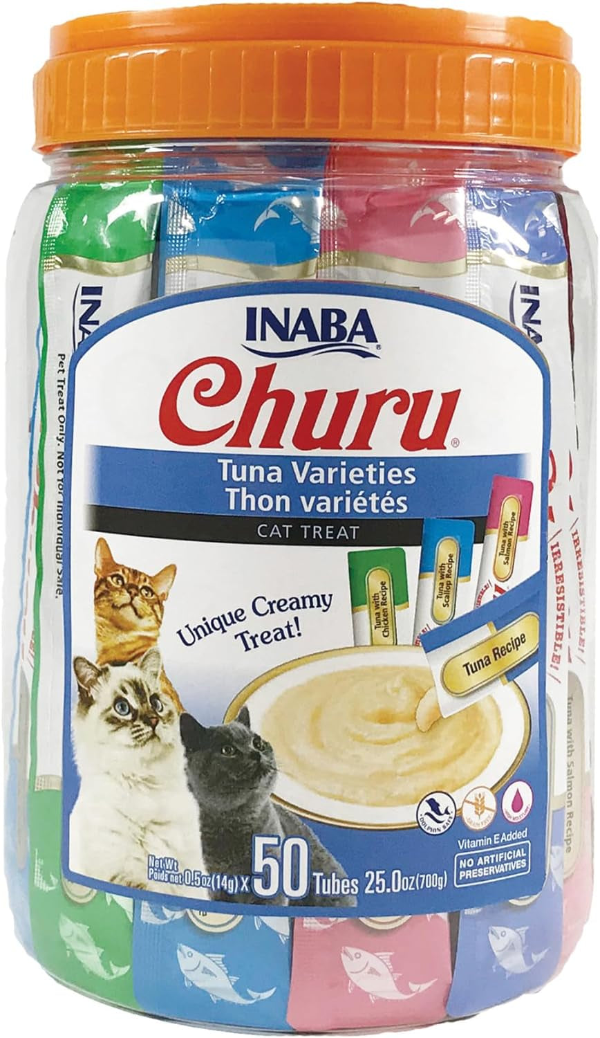 Churu Cat Treats, Grain-Free, Lickable, Squeezable Creamy Purée Cat Treat/Topper with Vitamin E & Taurine, 0.5 Ounces Each Tube, 50 Tubes, Tuna & Chicken Variety