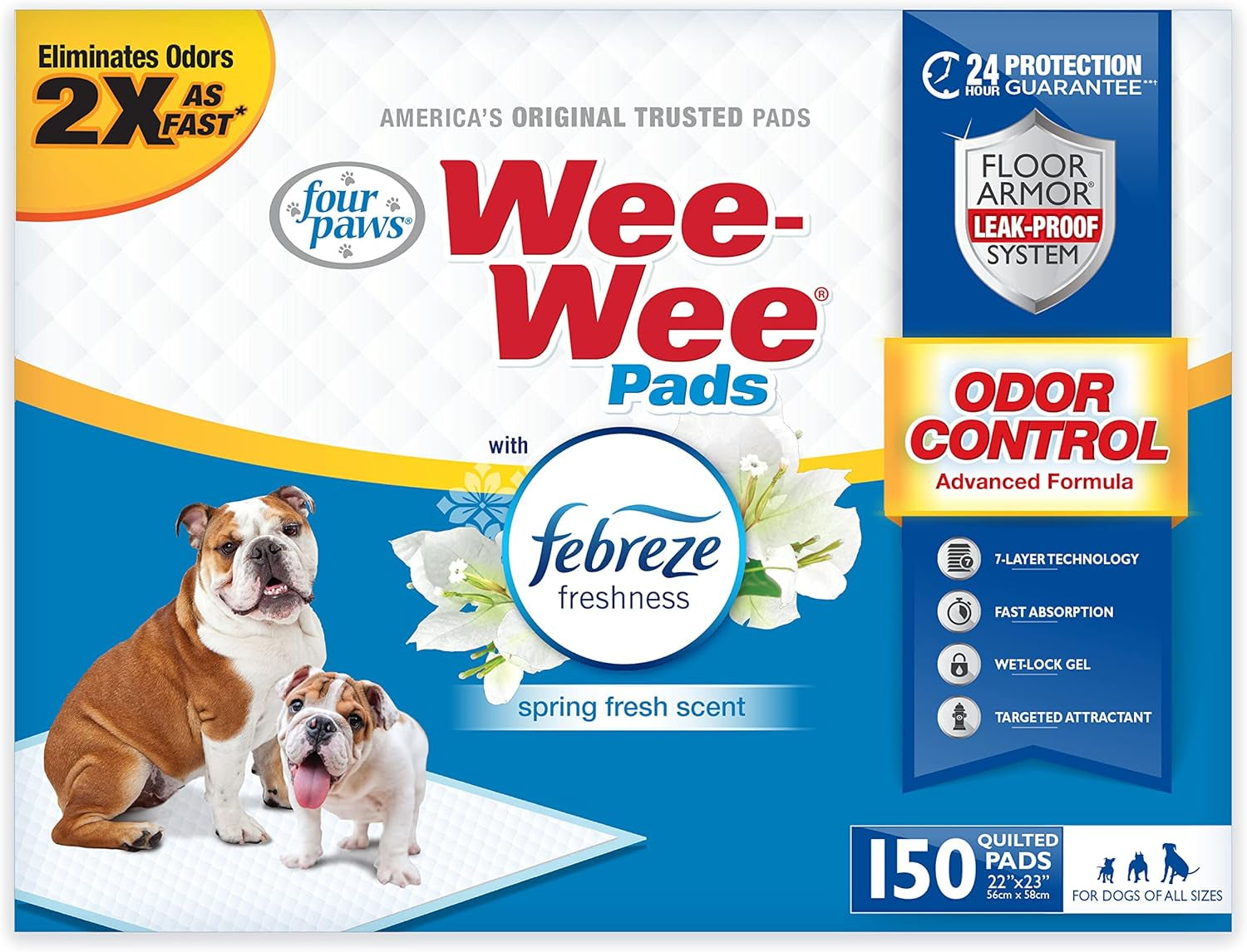 Four Paws Wee-Wee Odor Control with Febreze Freshness Pee Pads for Dogs of All Sizes, Leak-Proof Floor Protection Dog & Puppy Quilted Potty Training Pads, Spring Fresh Scent