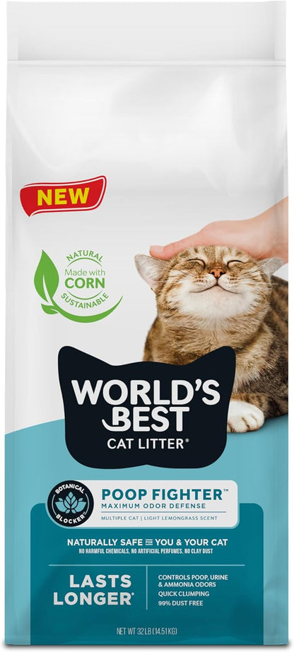 WORLD'S BEST CAT LITTER Poop Fighter Maximum Odor Defense, Natural Ingredients, Quick Clumping, Flushable, 99% Dust Free & Made in USA - Long-Lasting Odor Control & Easy Scooping