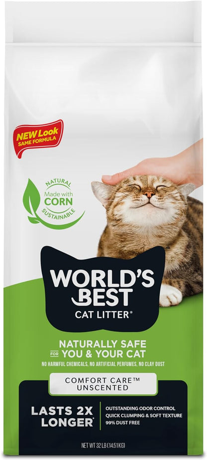 WORLD'S BEST CAT LITTER Comfort Care Unscented, Natural Ingredients, Quick Clumping, Flushable, 99% Dust Free & Made in USA - Long-Lasting Odor Control & Easy Scooping