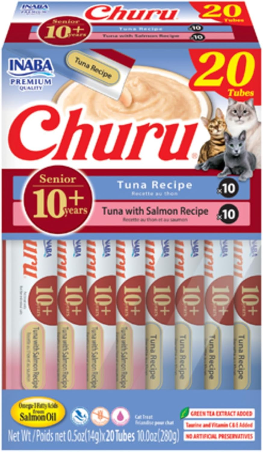 INABA Churu for Senior 10+, Creamy Lickable Cat Treats with Taurine, Vitamin E & C, 0.5 Ounces Each