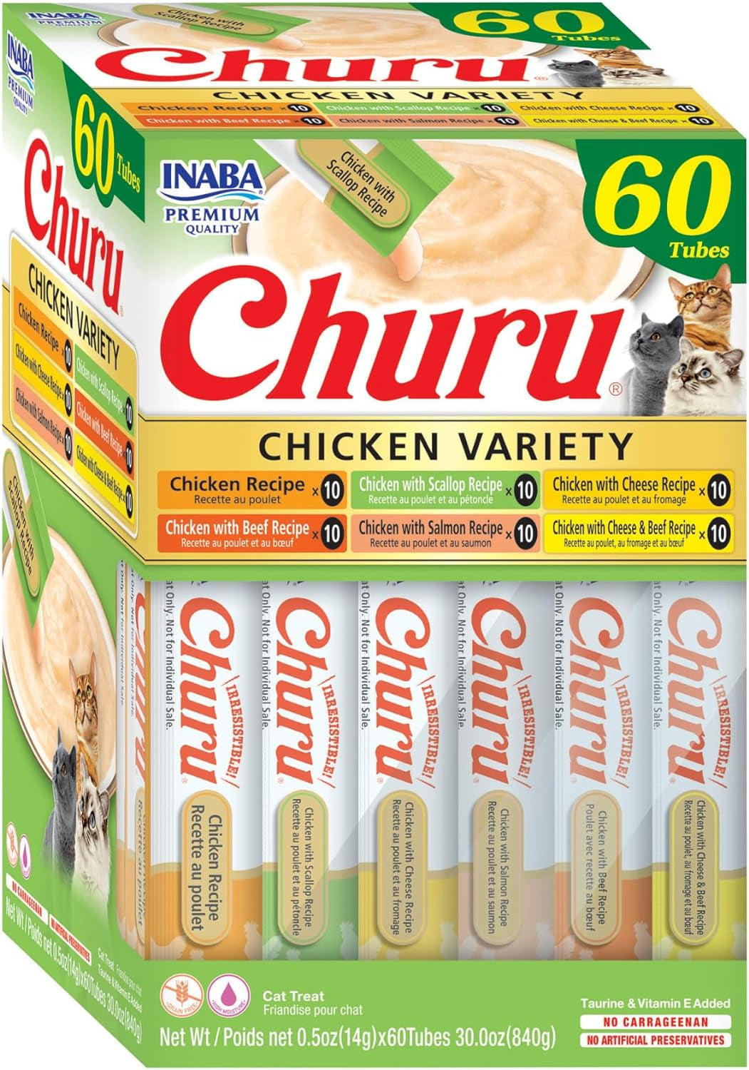 Churu Cat Treats, Grain-Free, Lickable, Squeezable Creamy Purée Cat Treat/Topper with Vitamin E & Taurine, 0.5 Ounces Each Tube, 50 Tubes, Tuna & Chicken Variety