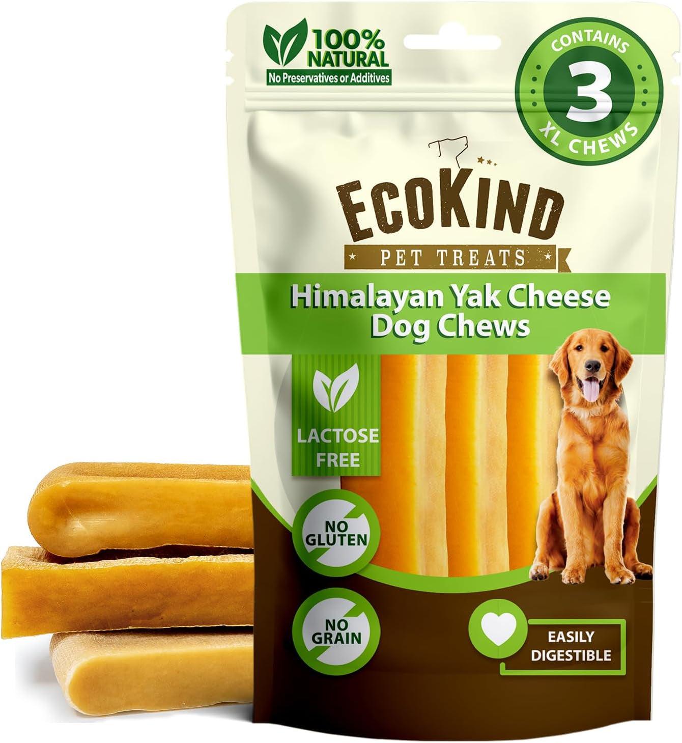 Ecokind Premium Gold Yak Cheese Himalayan Dog Chews, Dog Treats Large Breed, All Natural, High Protein, for Aggressive Chewers