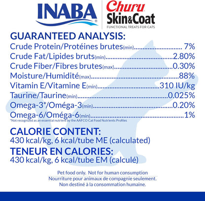 INABA Churu Lickable Purée Natural Cat Treats for Skin and Coat with Omega Oils, Taurine and Vitamin E, 0.5 Ounces Each