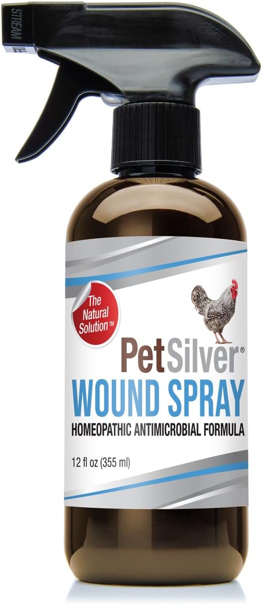 Wound Spray Chicken & Bird Formula with Patented Chelated Silver, Healing Aid for Pecking Sores, Bumble Foot, Cuts, Wounds, Burns, and Skin Irritations, Chicken Care, Made in USA, 12 Fl. Oz.