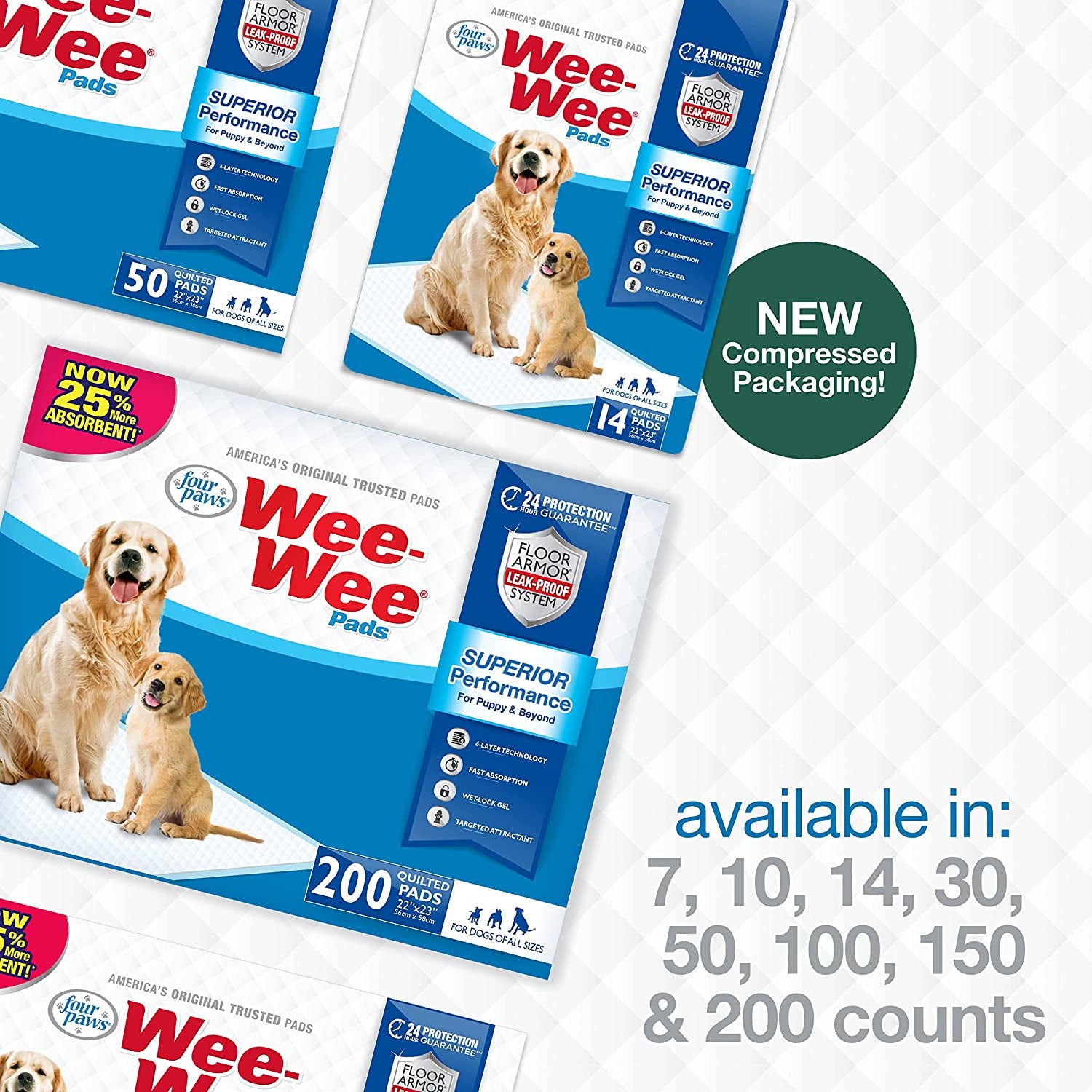 Four Paws Wee-Wee Superior Performance Pee Pads for Dogs of All Sizes, Leak-Proof Floor Protection Dog & Puppy Quilted Potty Training Pads, Unscented, 22" X 23"