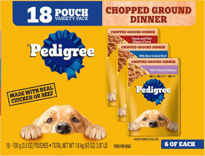 CHOPPED GROUND DINNER Adult Soft Wet Dog Food 30-Count Variety Pack, 3.5 Oz Pouches (Pack of 30)