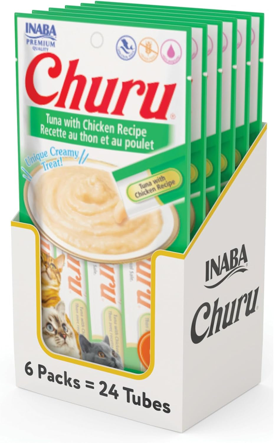 Churu Cat Treats, Grain-Free, Lickable, Squeezable Creamy Purée Cat Treat/Topper with Vitamin E & Taurine, 0.5 Ounces Each Tube, 50 Tubes, Tuna & Chicken Variety