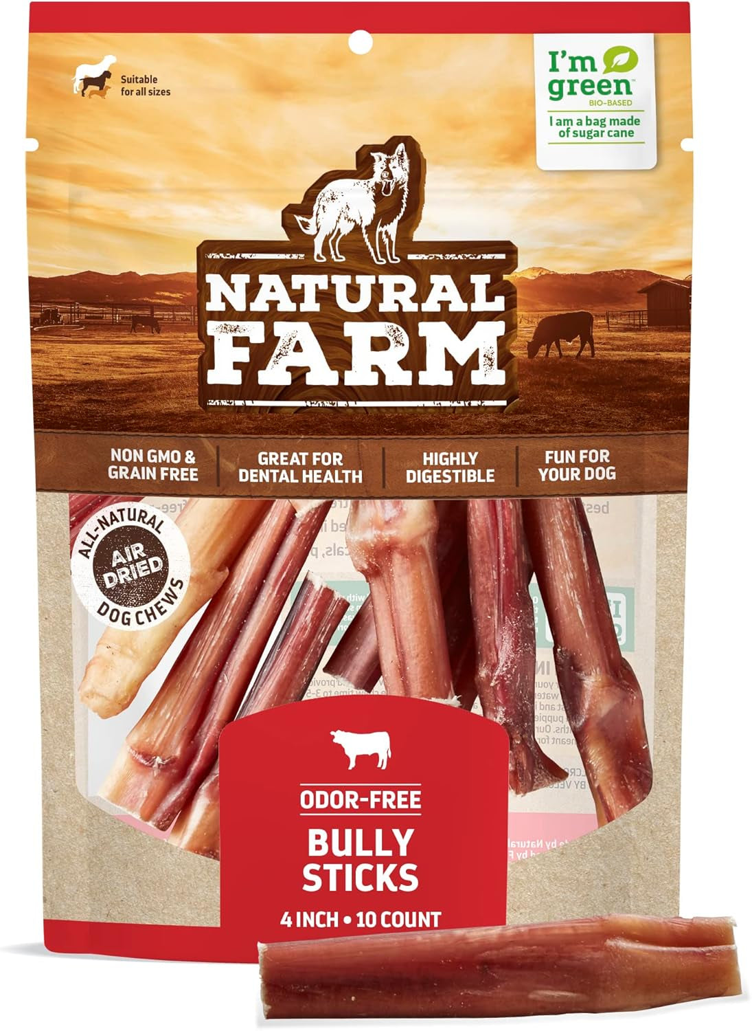 Natural Farm Odor-Free Bully Sticks, Fully Digestible 100% Beef Pizzle Chews, Grass-Fed, Non-Gmo, Grain-Free, Natural Long-Lasting Chews for Small & Large Dogs